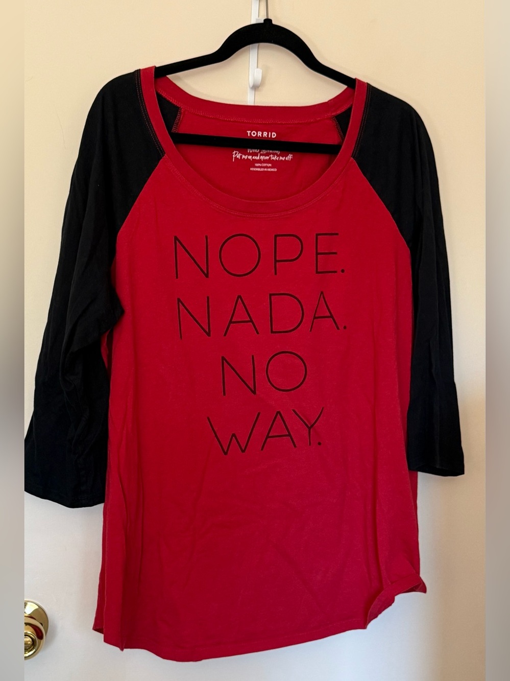 torrid Red & Black Raglan Tee with Bold NOPE NADA NO WAY Graphic